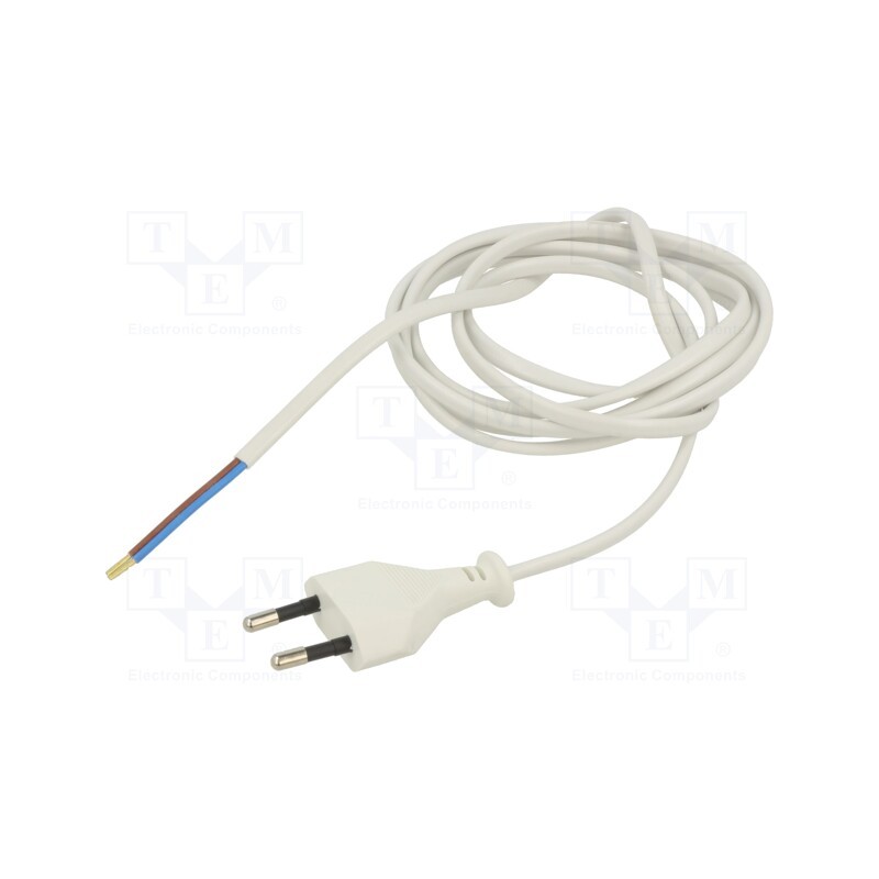 10 pcs : - Cable, 2x0.75mm2, CEE 7/16 (C) plug,wires, PVC, 1.9m, white, 2.5A