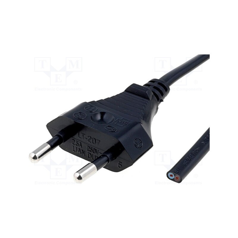 10 pcs : - Cable, 2x0.5mm2, CEE 7/16 (C) plug,wires, PVC, 1.8m, black, 2.5A
