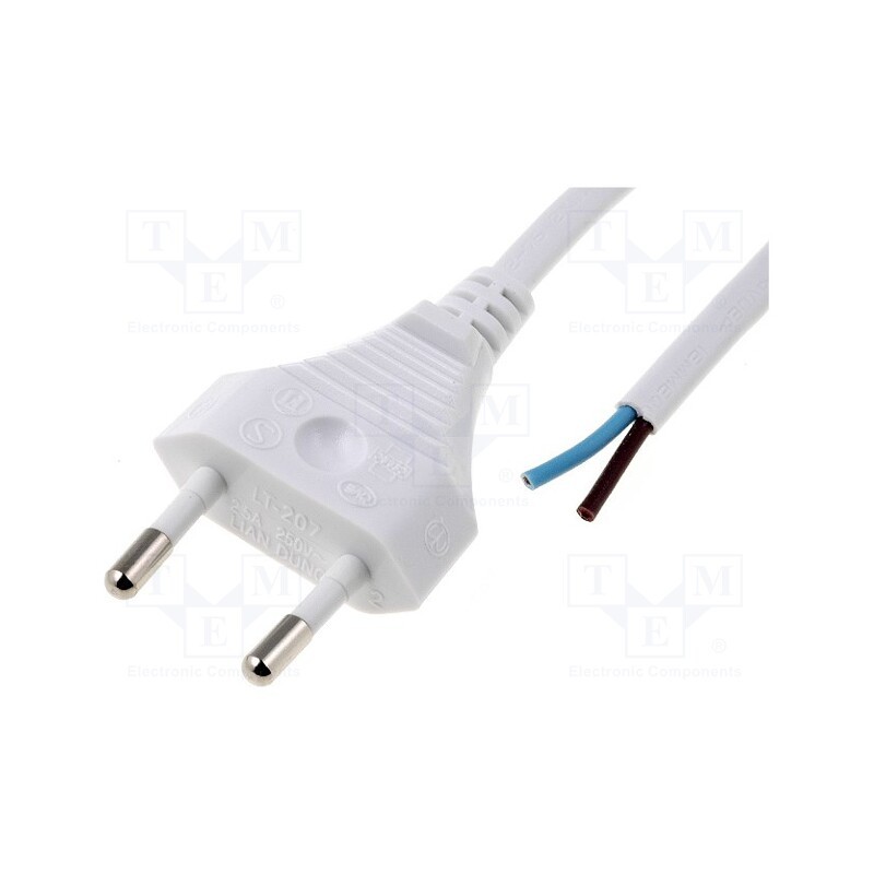 10 pcs : - Cable, 2x0.5mm2, CEE 7/16 (C) plug,wires, PVC, 1.8m, white, 2.5A
