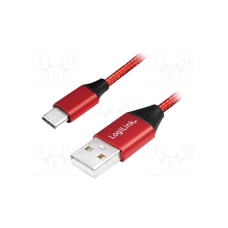 10 pcs : CU0147 - Cable, USB 2.0, USB A plug,USB C plug, 0.3m, red, PVC, textile