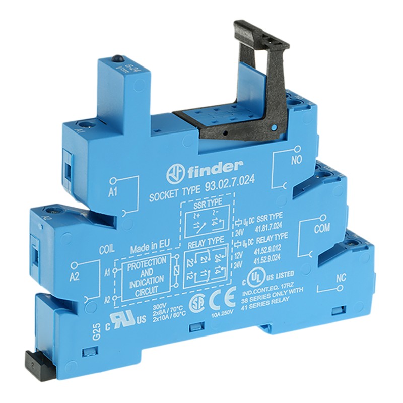 1 pcs - Finder 93 24V dc DIN Rail Relay Socket, for use with 38.62, 38.52 Series Relay