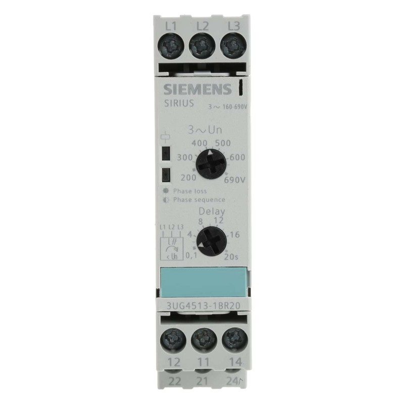 1 pcs - Siemens Phase, Voltage Monitoring Relay, 3 Phase, DPDT, 160 - 690V ac, DIN Rail