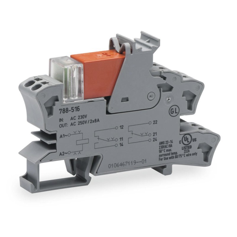 1 pcs - Wago 788 Series Interface Relay, DIN Rail Mount, 24V ac Coil, DPDT, 8A Load