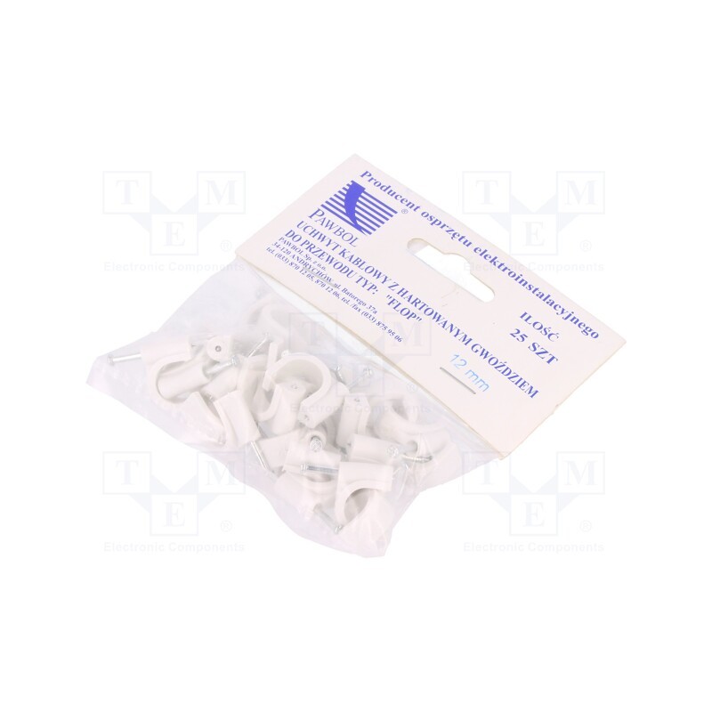 10 pcg : H.7009A -25 - Holder, white, on round cable, 25pcs, with a nail, 12mm