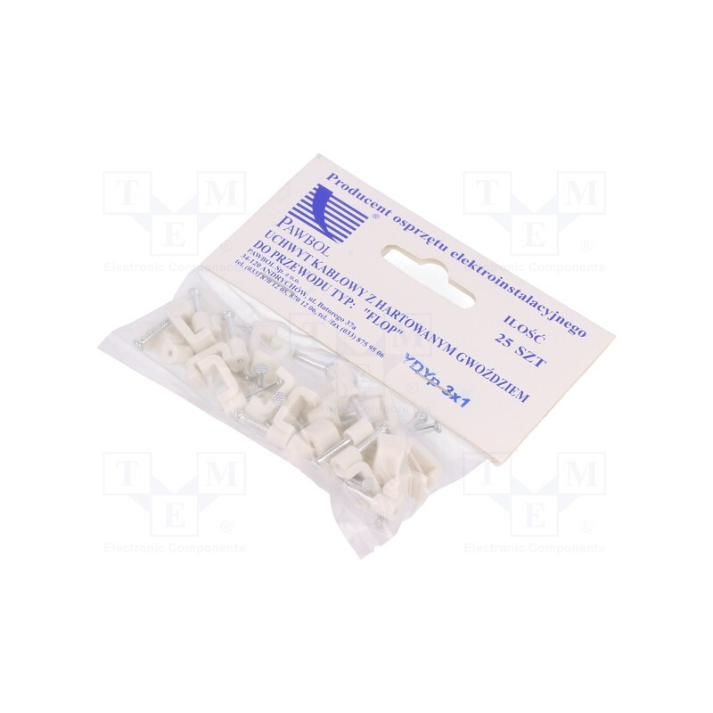 10 pcg : H.7011A -25 -AS - Holder, white, for flat cable,YDYp 3x1, 25pcs, with a nail