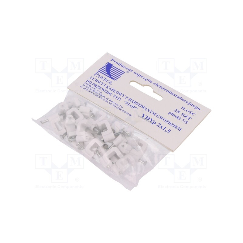 10 pcg : H.7012A -25 -AS - Holder, white, for flat cable,YDYp 2x1,5, 25pcs, with a nail