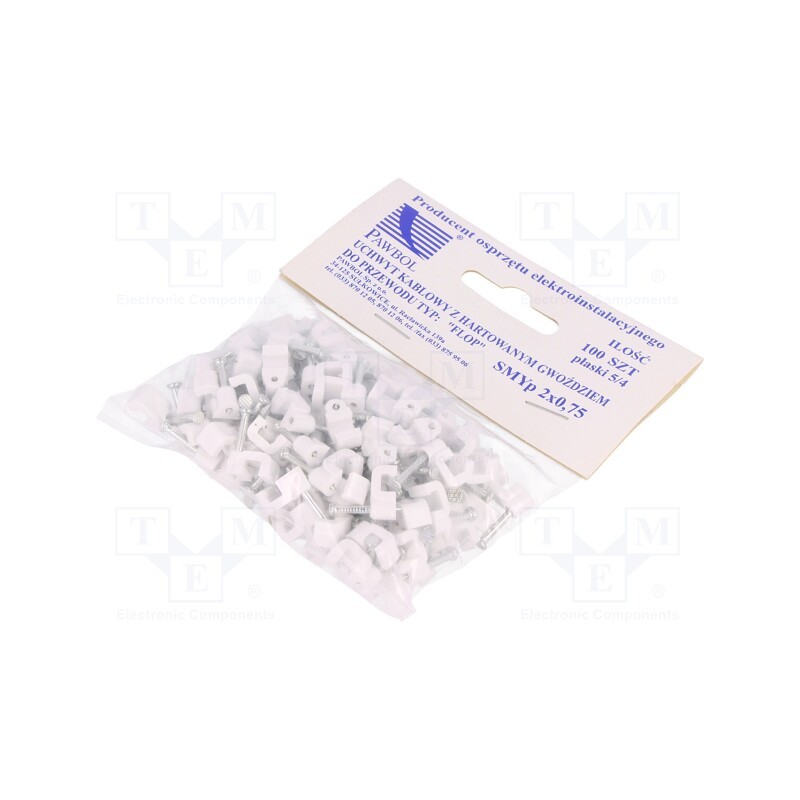 10 pcg : H.7016A -100 -AS - Holder, white, for flat cable,SMYp 2x0,75, 100pcs, with a nail
