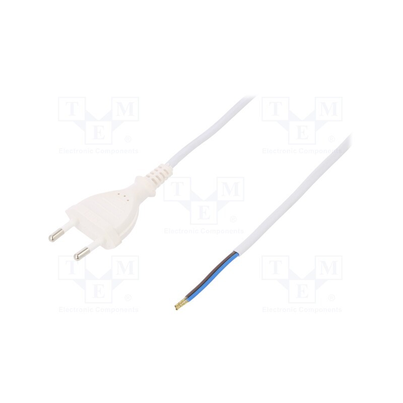 10 pcs : W-97135 - Cable, 2x0.5mm2, CEE 7/16 (C) plug,wires, PVC, 1.5m, white, 2.5A