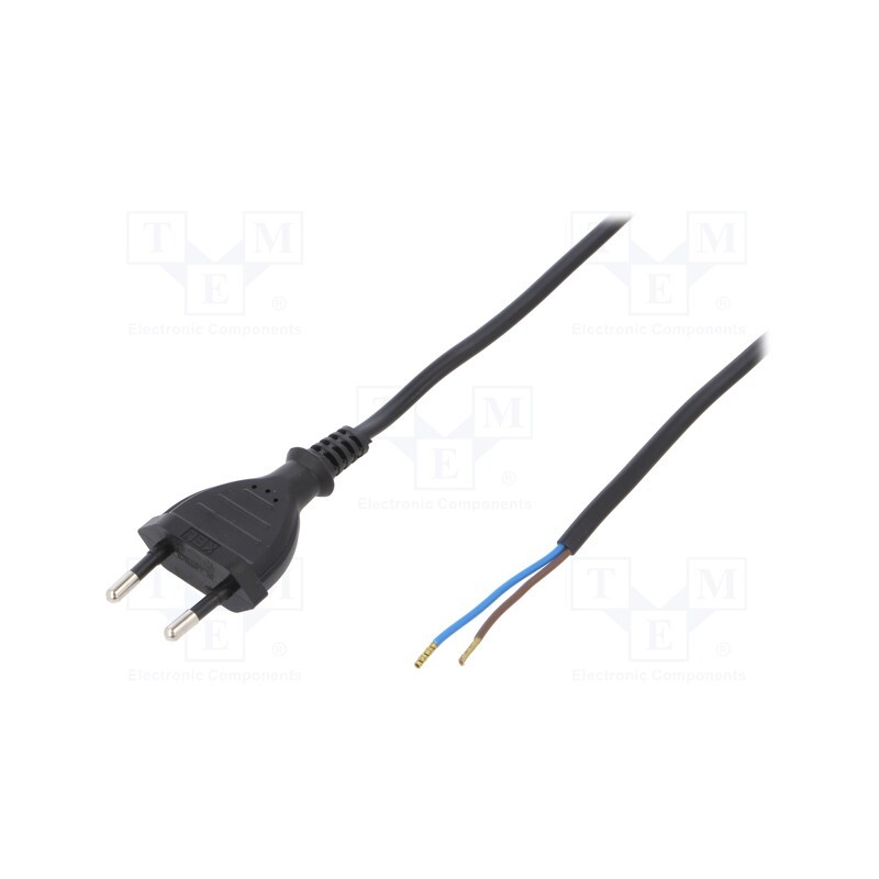 10 pcs : W-97136 - Cable, 2x0.5mm2, CEE 7/16 (C) plug,wires, PVC, 1.5m, black, 2.5A
