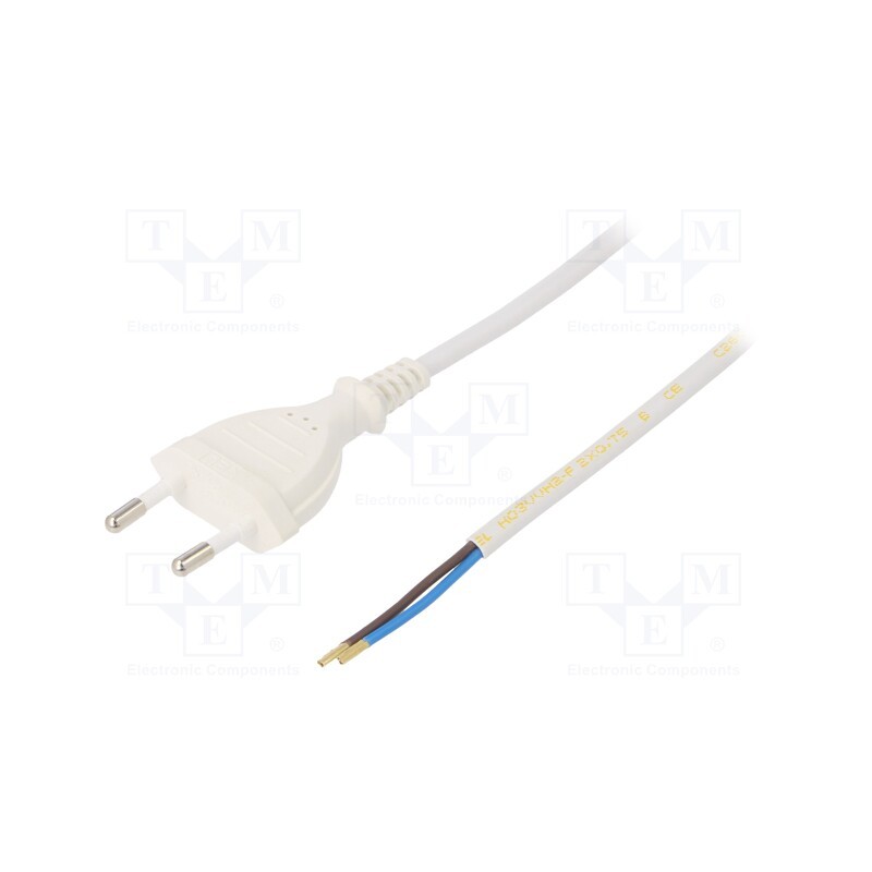 10 pcs : W-97145 - Cable, 2x0.75mm2, CEE 7/16 (C) plug,wires, PVC, 2m, white, 2.5A