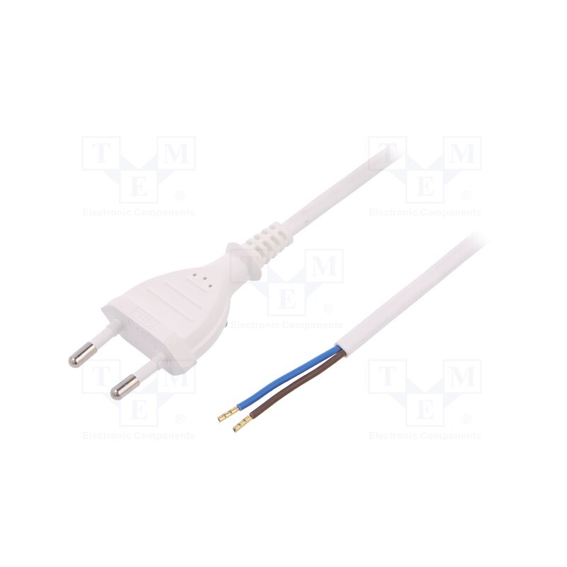 10 pcs : W-97819 - Cable, 2x0.75mm2, CEE 7/16 (C) plug,wires, PVC, 1m, white, 2.5A