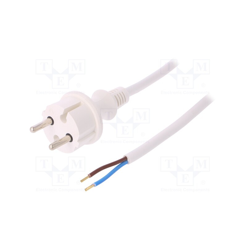 10 pcs : W-98359 - Cable, 2x1.5mm2, CEE 7/17 (C) plug,wires, PVC, 1.5m, white, 16A