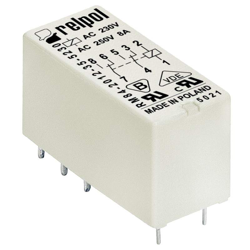 1 pcs - Relpol PCB Mount Power Relay, 9V dc Coil, 8A Switching Current, DPDT