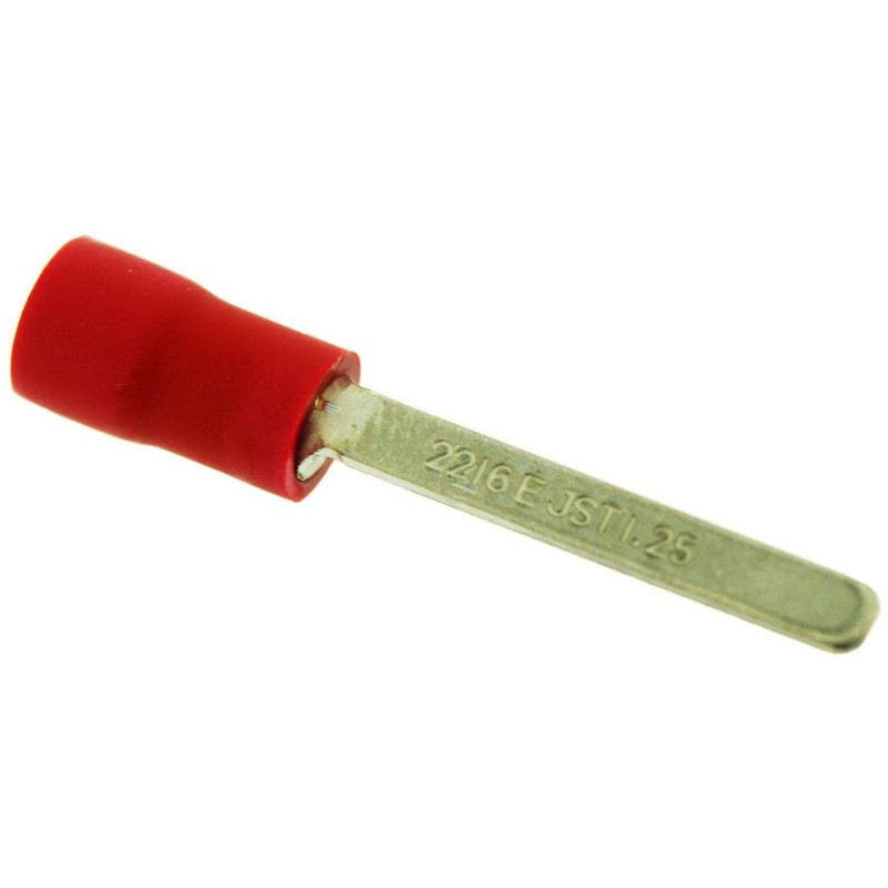 100 pcs - FV1.25-AF2.3A(LF)K JST Insulated Crimp Blade Terminal 18mm Blade Length, 0.25mm² to 1.65mm², 22AWG to 16AWG, Red