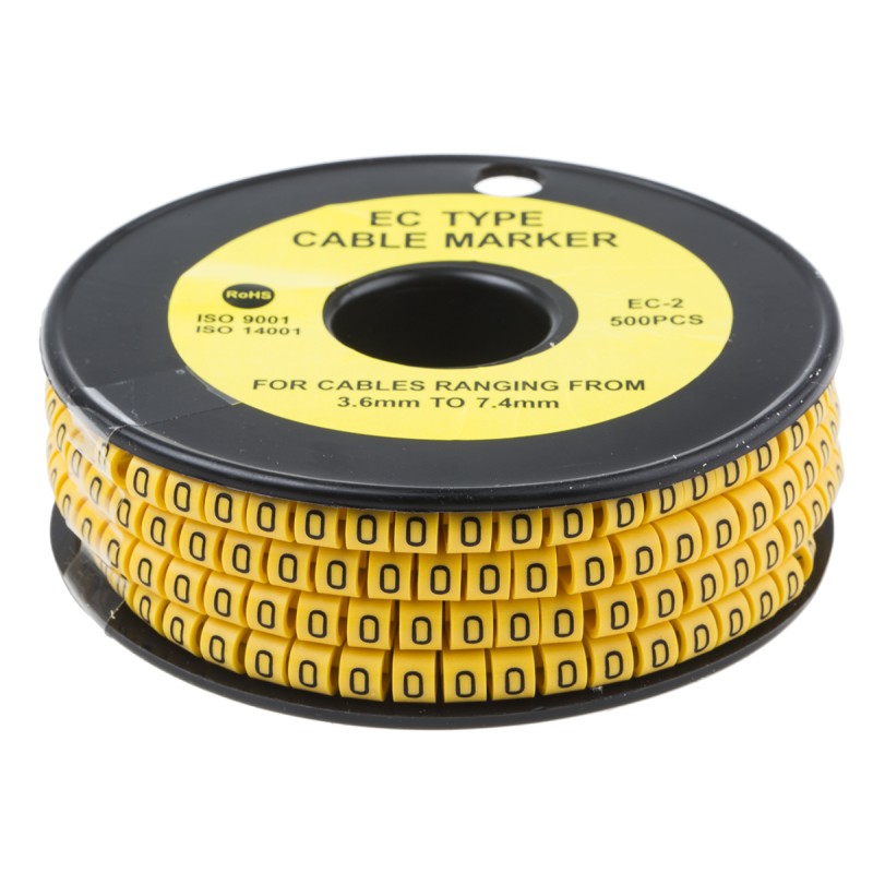 10 Reel of 500 - RS PRO Slide On Cable Markers, Black on Yellow, Pre-printed '0', 3.6 - 7.4mm Cable