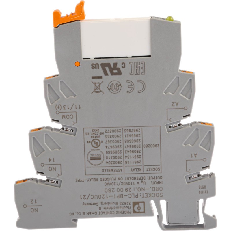1 pcs - Phoenix Contact PLC-RPT-120UC/21 Series Interface Relay, DIN Rail Mount, 110V ac/dc Coil, SPDT, 1-Pole