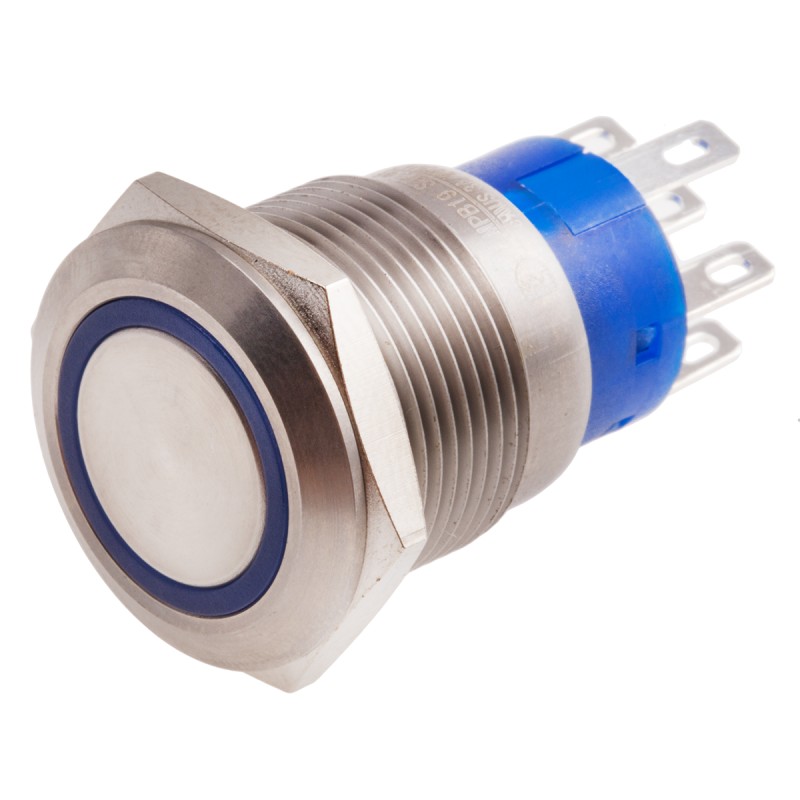 1 pcs - RS PRO Illuminated Push Button Switch, Momentary, Panel Mount, 19.2mm Cutout, DPDT, Blue LED, 250V ac, IP67