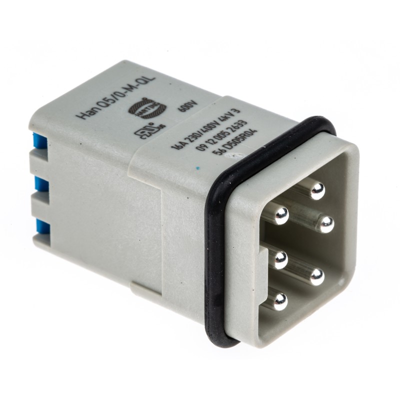 1 pcs - HARTING Heavy Duty Power Connector Insert, 16A, Male, HAN Q Series, 5 Contacts