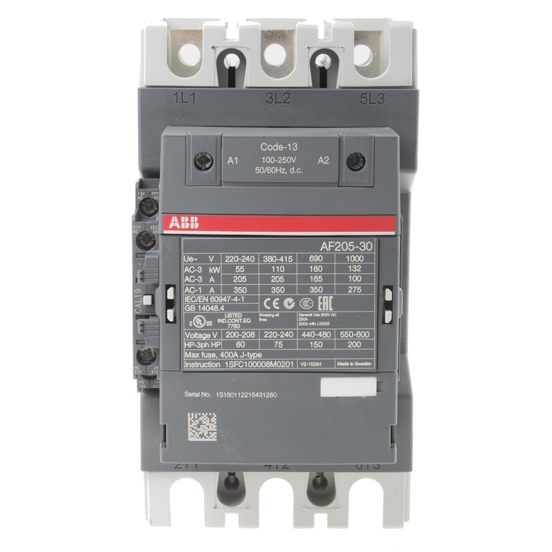 1 pcs - ABB AF Series Contactor, 230 V ac Coil, 3-Pole, 350 A, 110 kW, 3NO, 690 V ac