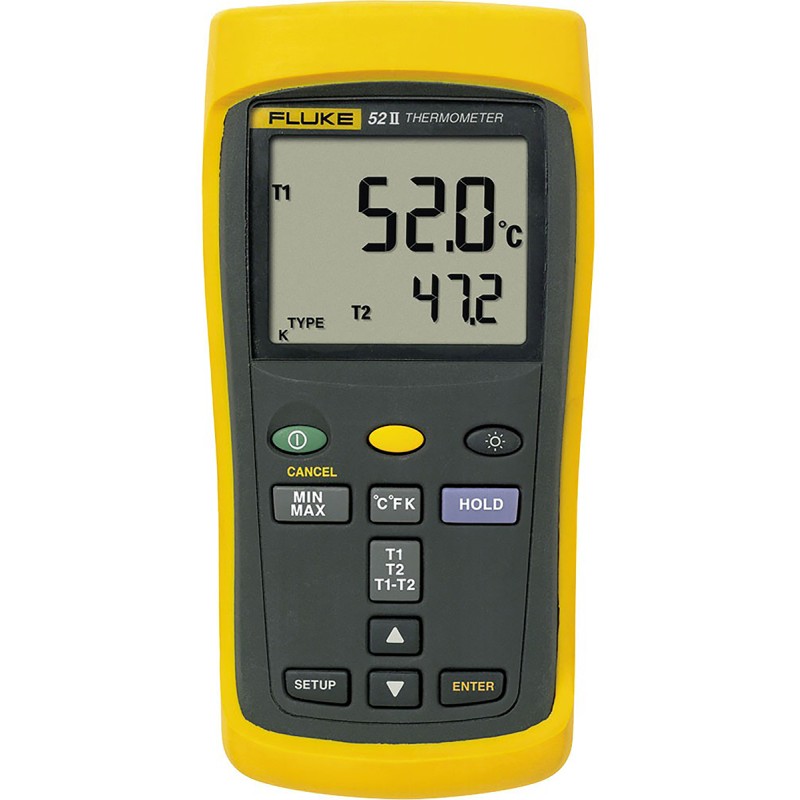 1 pcs - Fluke 52 II Wired Digital Thermometer for Industrial Use, E, J, K, N, R, S, T Probe, 2 Input(s), +1767°C Max, ±(0.05 %