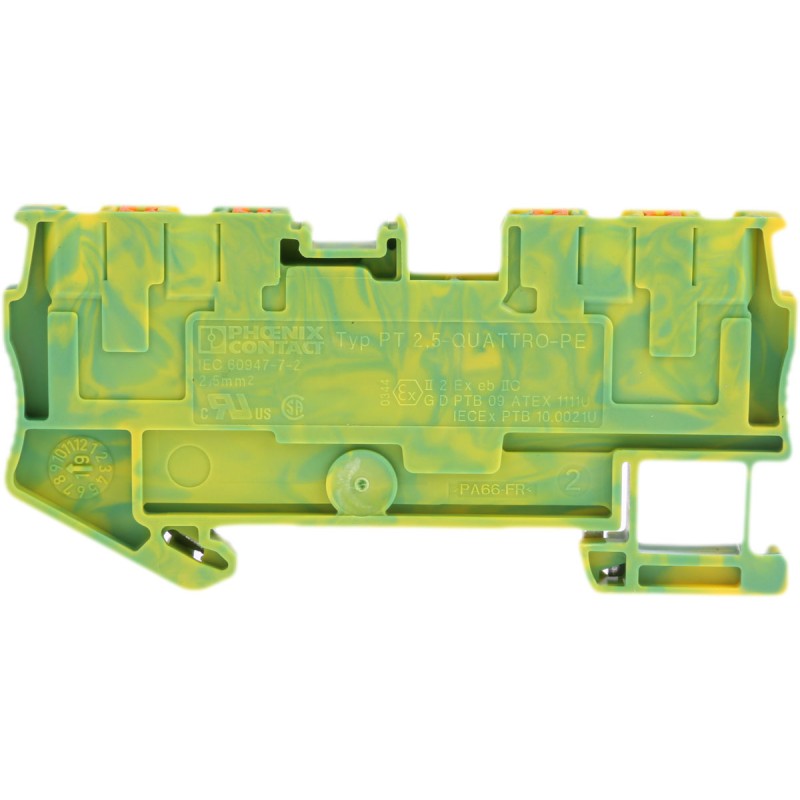 5 pcs - Phoenix Contact PT 2.5-QUATTRO-PE Series Green/Yellow Earth Terminal Block, 0.14 - 4mm², Single-Level, Push In