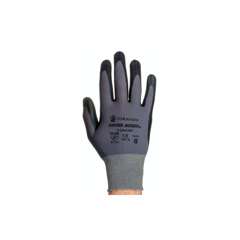 10 pcs - CON1AV-08 Tornado Contour Avenger Black, Grey Nylon Abrasion Resistant Work Gloves, Size 8, Medium, Polymer Coating