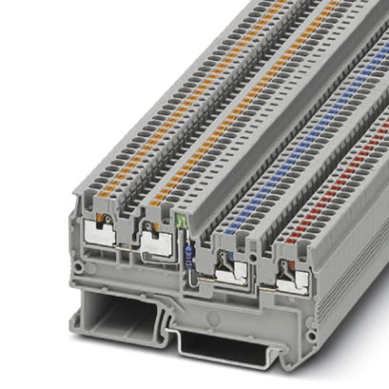 5 pcs - Phoenix Contact PTIO 1.5/S/3-LED 24 GN Series Grey DIN Rail Terminal Block, 1.5mm², Triple-Level, Push In Termination