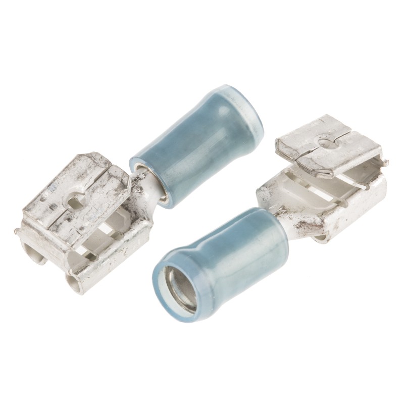 500 pcs - TE Connectivity PIDG FASTON .250 Blue Insulated Female Spade Connector, Piggyback Terminal, 6.35 x 0.81mm Tab Size,