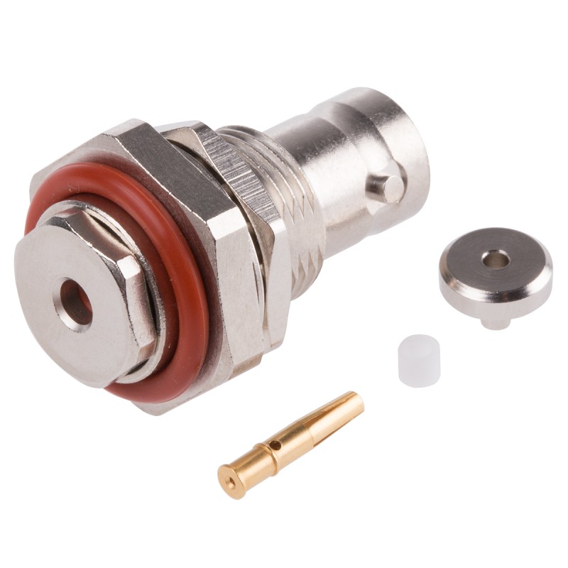 1 pcs - Radiall Straight 50Ω Panel Mount BNC Connector, jack, Nickel, Clamp Termination, RG179, RG187, RG188, RG316