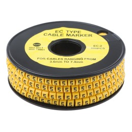 1 Reel of 500 - RS PRO Slide On Cable Markers, Black on Yellow, Pre-printed '5', 3.6 - 7.4mm Cable