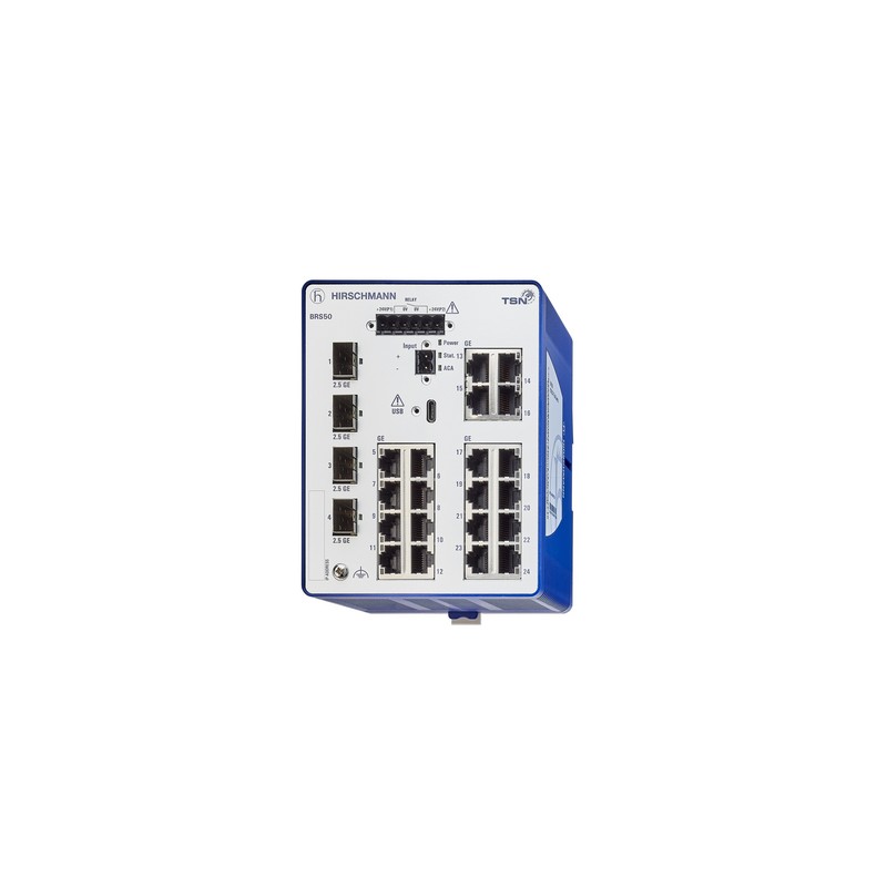 1 pcs - Hirschmann BOBCAT Series DIN Rail Mount Ethernet Switch, 24 RJ45 Ports, 1000 - 2500Mbit/s Transmission, 12 - 24V dc