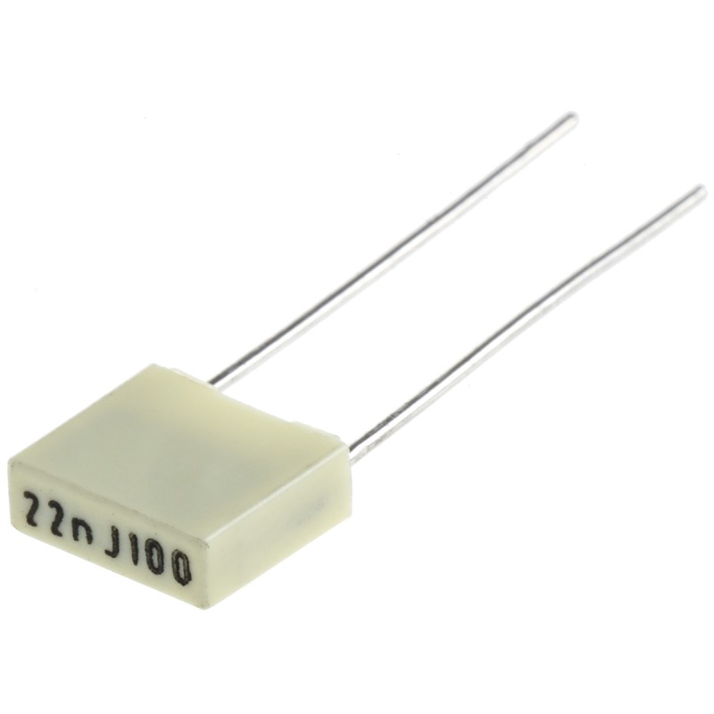 100 pcs - R82EC2220DQ50J KEMET R82 Polyester Film Capacitor, 63 V ac, 100 V dc, ±5%, 22nF, Through Hole