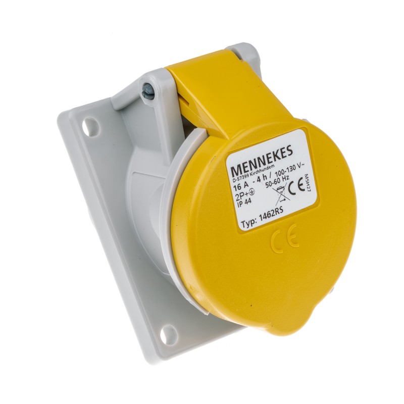 1 pcs - MENNEKES IP44 Yellow Panel Mount 3P Angled Industrial Power Socket, Rated At 16A, 110 V