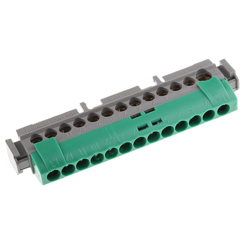 1 pcs - Legrand Distribution Block, 13 Way, 1.5 - 16 mm², 6 - 25 mm², 100A, 400 V ac, Green