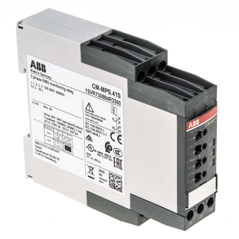 1 pcs - ABB Phase, Voltage Monitoring Relay, 3 Phase, DPDT, 300 - 500V ac, DIN Rail