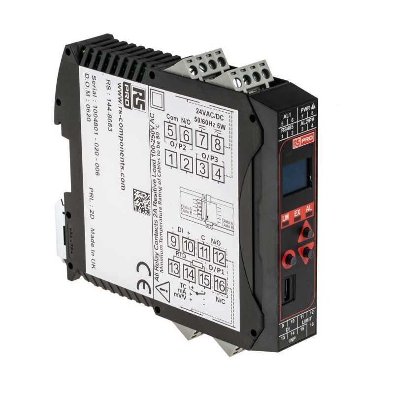 1 pcs - RS PRO DIN Rail PID Temperature Controller, 22.5 x 110mm 3 Input, 2 Output Changeover Relay, Relay, 24 V ac/dc Supply
