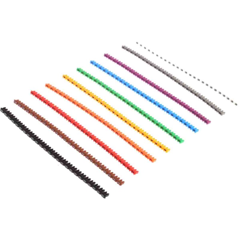 1 Bag of 250 - RS PRO Clip On Cable Markers, Black, Brown, Green, Grey, Orange, Red, Violet, White, Yellow, Pre-printed '0 - 9'