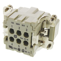 1 pcs - Han E Series size 16 A Connector Insert, Male, 6 Way, 16A, 500 V