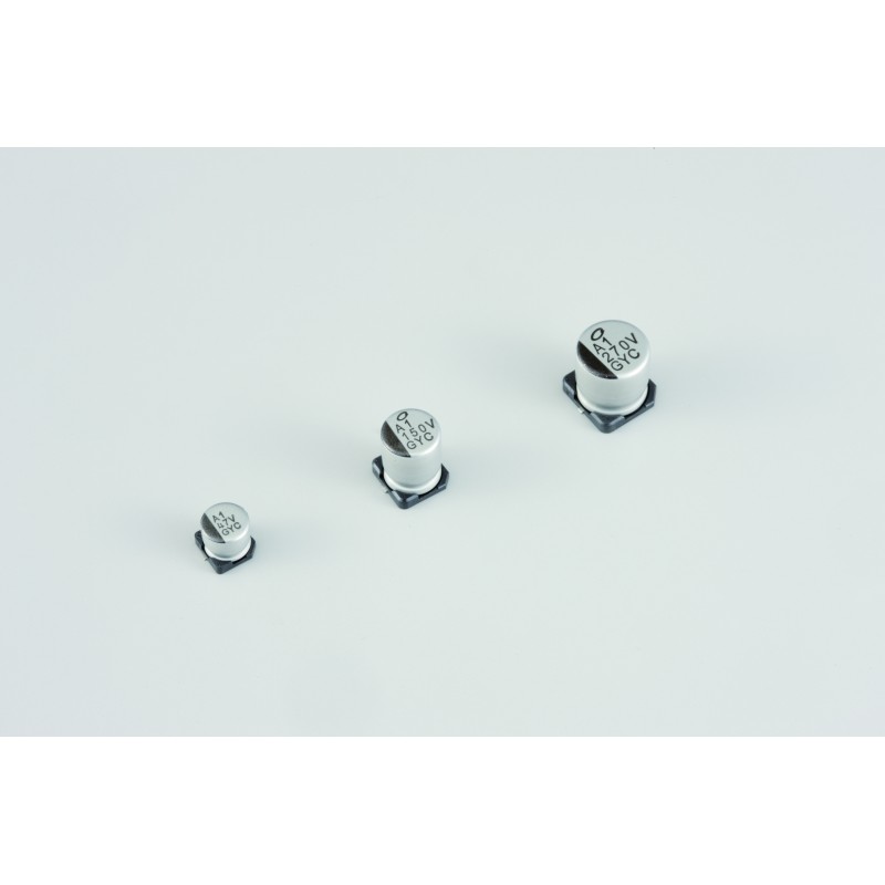 50 pcs - GYC1J100MCQ1GS Nichicon 10μF Conductive Polymer Hybrid Aluminium Electrolytic Capacitor 63V dc, Surface Mount - GYC1J10