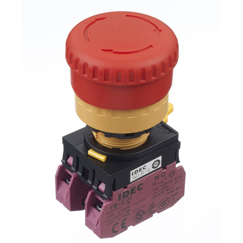 1 pcs - Idec YW Series Twist Release Emergency Stop Push Button, Panel Mount, 22mm Cutout, 2NC, IP65