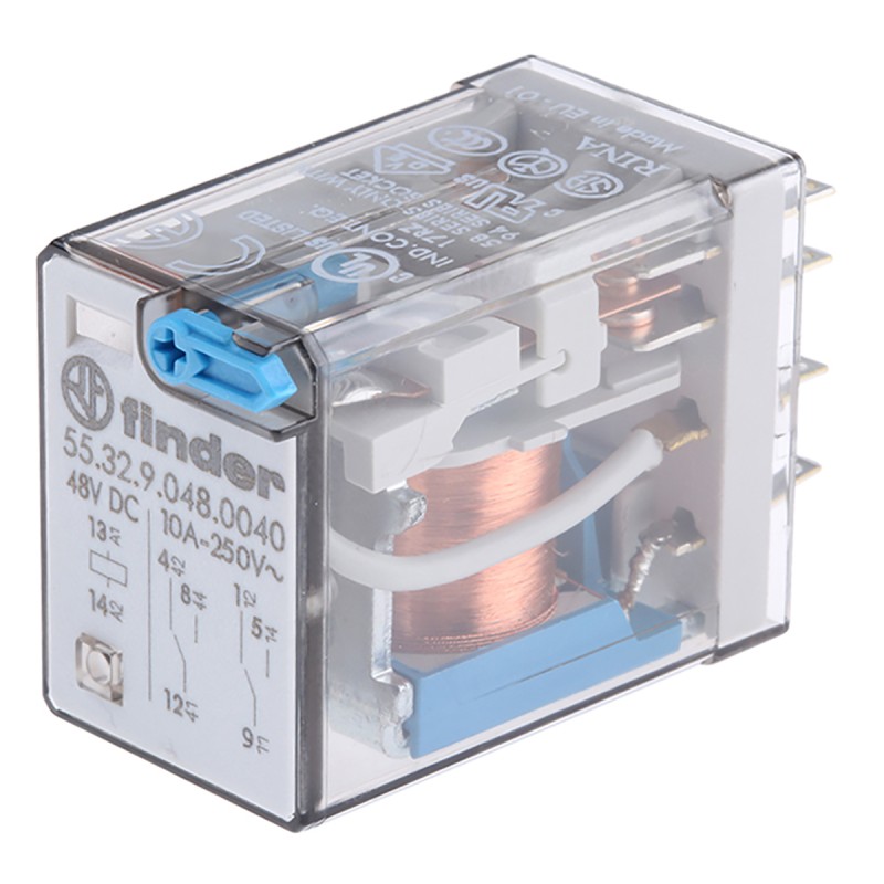 1 pcs - Finder Plug In Power Relay, 48V dc Coil, 20A Switching Current, DPDT