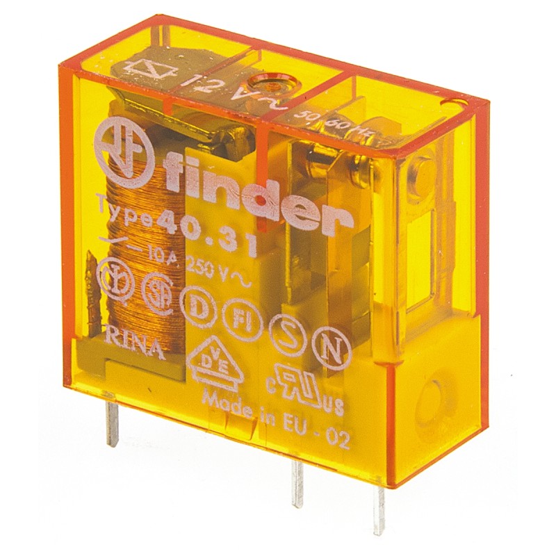 25 pcs - Finder PCB Mount Power Relay, 12V ac Coil, 10A Switching Current, SPDT