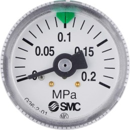1 pcs - SMC R 1/8 Analogue Pressure Gauge 2bar Back Entry, G36-2-01, 0bar min.