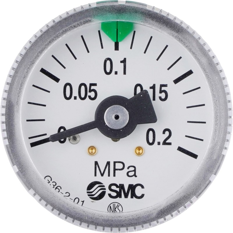 1 pcs - SMC R 1/8 Analogue Pressure Gauge 2bar Back Entry, G36-2-01, 0bar min.