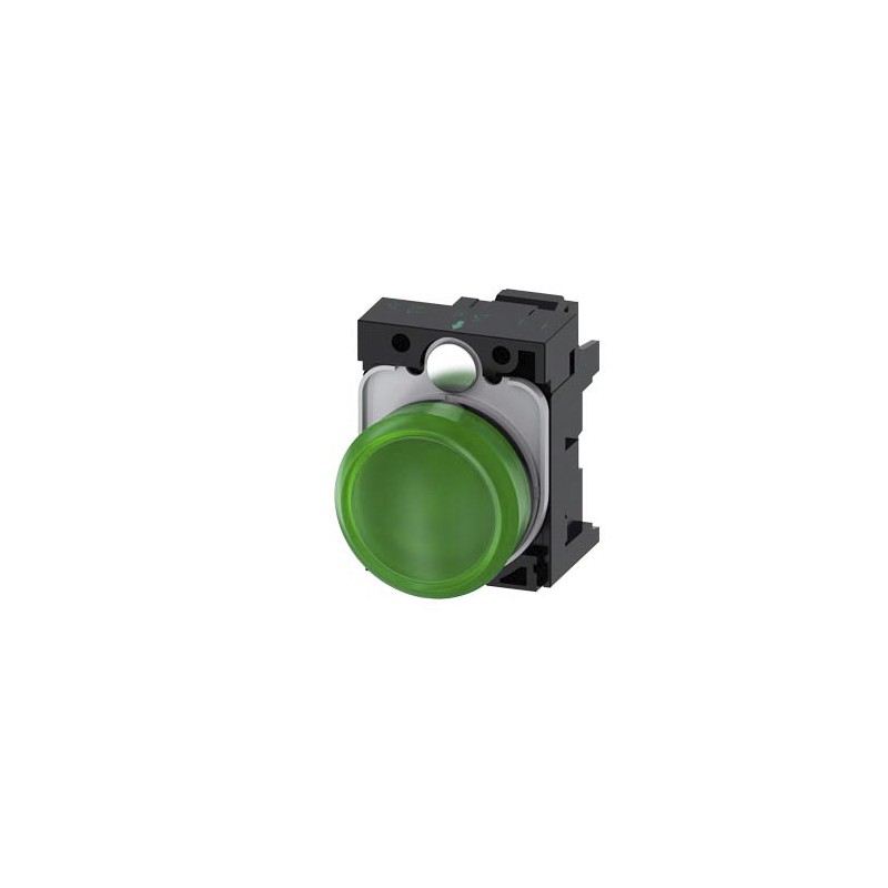 1 pcs - Siemens, 3SU1, Panel Mount Green LED Indicator, 22mm Cutout, Round, 24V ac/dc