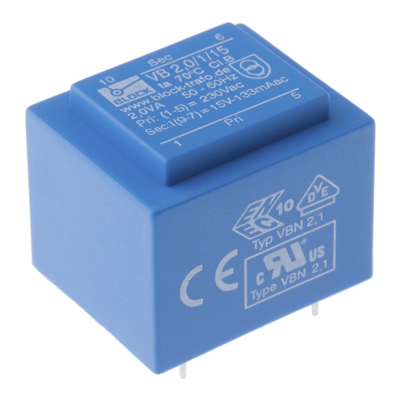 1 pcs - Block 15V ac 1 Output Through Hole PCB Transformer, 2VA