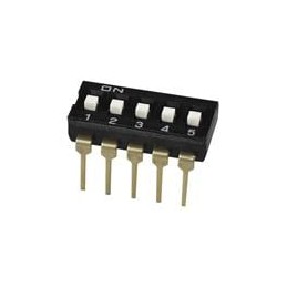 10 pcs : DS04-254-1L-05BK - DIP Switches/SIP Switches DIP Switch, SPST, 2.54 pitch, Raised actuator, long pin, 5 position, Black
