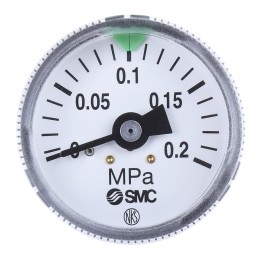 1 pcs - SMC Analogue Pressure Gauge 0.2MPa Back Entry, G46-2-01, 0MPa min.