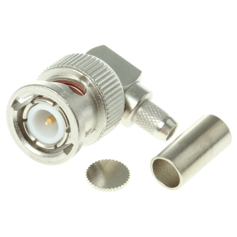 1 pcs - Telegartner, Plug Cable Mount BNC Connector, 50Ω, Crimp Termination, Right Angle Body
