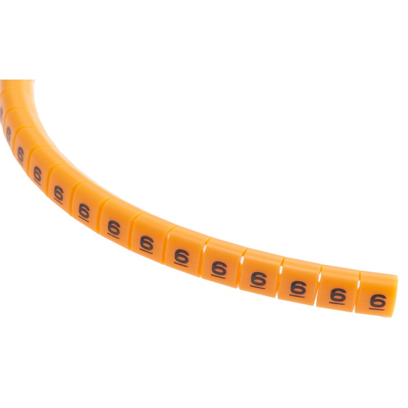 1 Reel of 100 - RS PRO Snap On Cable Markers, Black on Orange, Pre-printed '6', 3 - 3.4mm Cable
